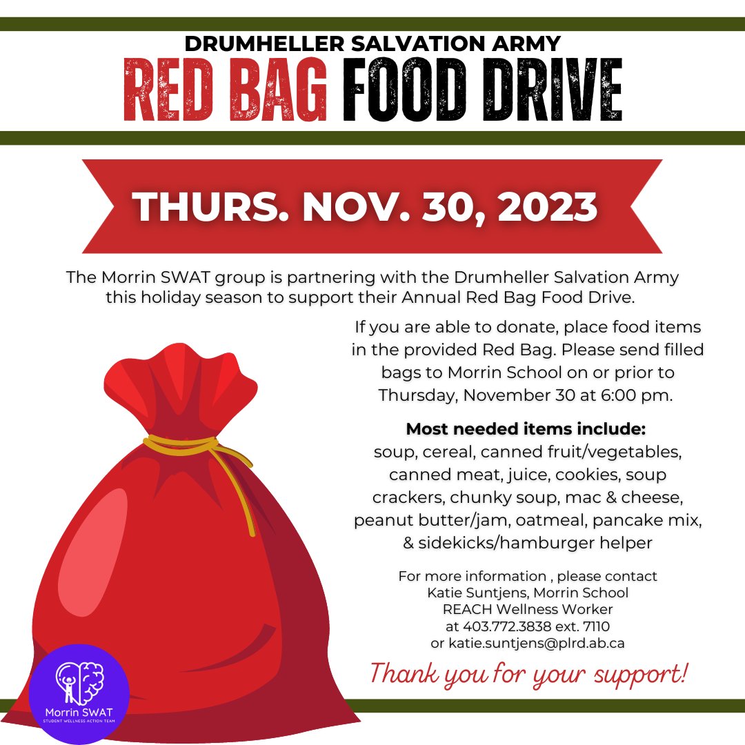 MorrinSWAT's tweet image. We're partnering with the Drumheller Salvation Army to support their Annual #RedBagFoodDrive Red Bags are going home with students this week. Filled bags can be returned to the school on or before Thurs. Nov. 30.   

#MorrinSWAT #community #holidayseason #giveback @MorrinProud