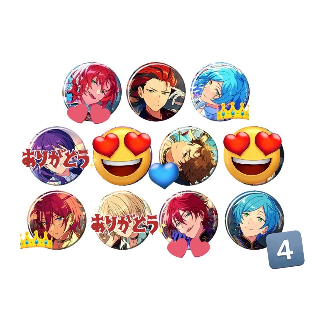 mgmgahm26's tweet photo. 【交換、譲渡】
あんスタ　あんさんぶるスターズ　2023　Autumn　テーマ　缶バッジ

譲→紅郎、奏汰、光、茨、藍良
求→燐音、レオ、斑＞定価＋送料

👑⇔燐音、レオとの交換
💙⇔交換か無印同数含めた譲渡
燐音とレオはidol、斑はcasualのみ

c奏汰は他と纏めての交換のみ
i⇔c可能
各5BOX予約予定 https://t.co/3qyjuwwnax