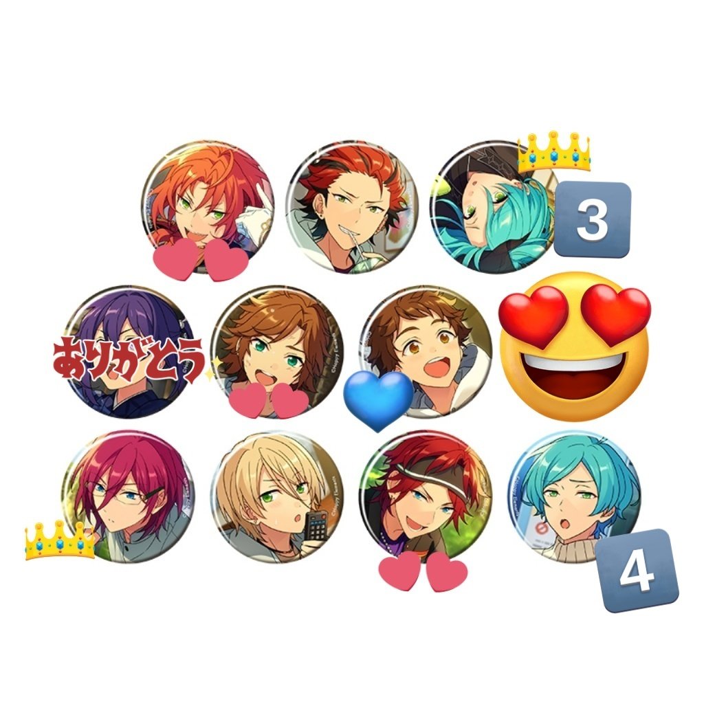 mgmgahm26's tweet photo. 【交換、譲渡】
あんスタ　あんさんぶるスターズ　2023　Autumn　テーマ　缶バッジ

譲→紅郎、奏汰、光、茨、藍良
求→燐音、レオ、斑＞定価＋送料

👑⇔燐音、レオとの交換
💙⇔交換か無印同数含めた譲渡
燐音とレオはidol、斑はcasualのみ

c奏汰は他と纏めての交換のみ
i⇔c可能
各5BOX予約予定 https://t.co/3qyjuwwnax