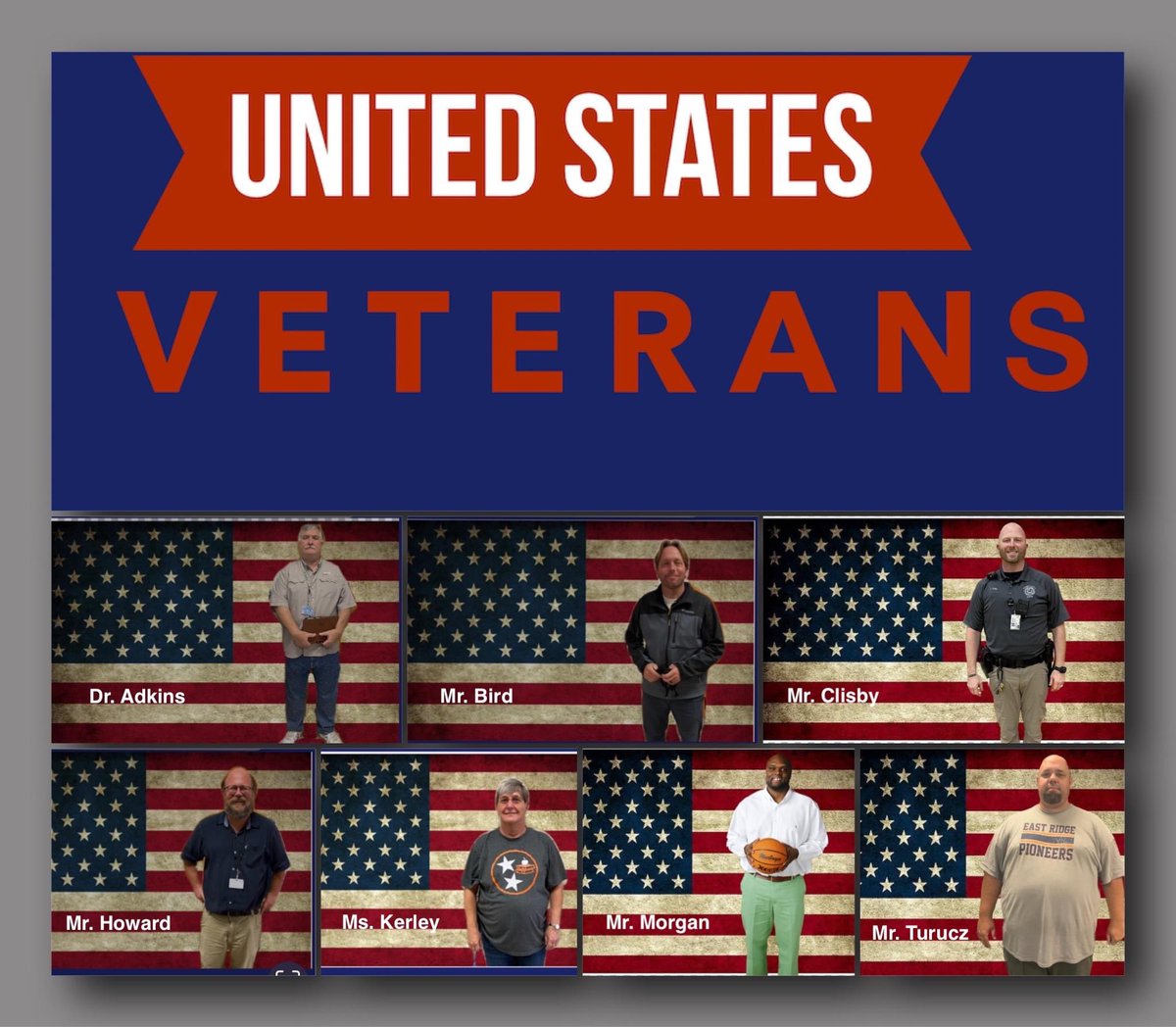 🇺🇸 Let's celebrate our amazing East Ridge Middle School staff who are United States Veterans! 🇺🇸 Thank you for your service, dedication, and for being an inspiration to us all. We are proud to have you as part of our East Ridge Middle School family. 🧡