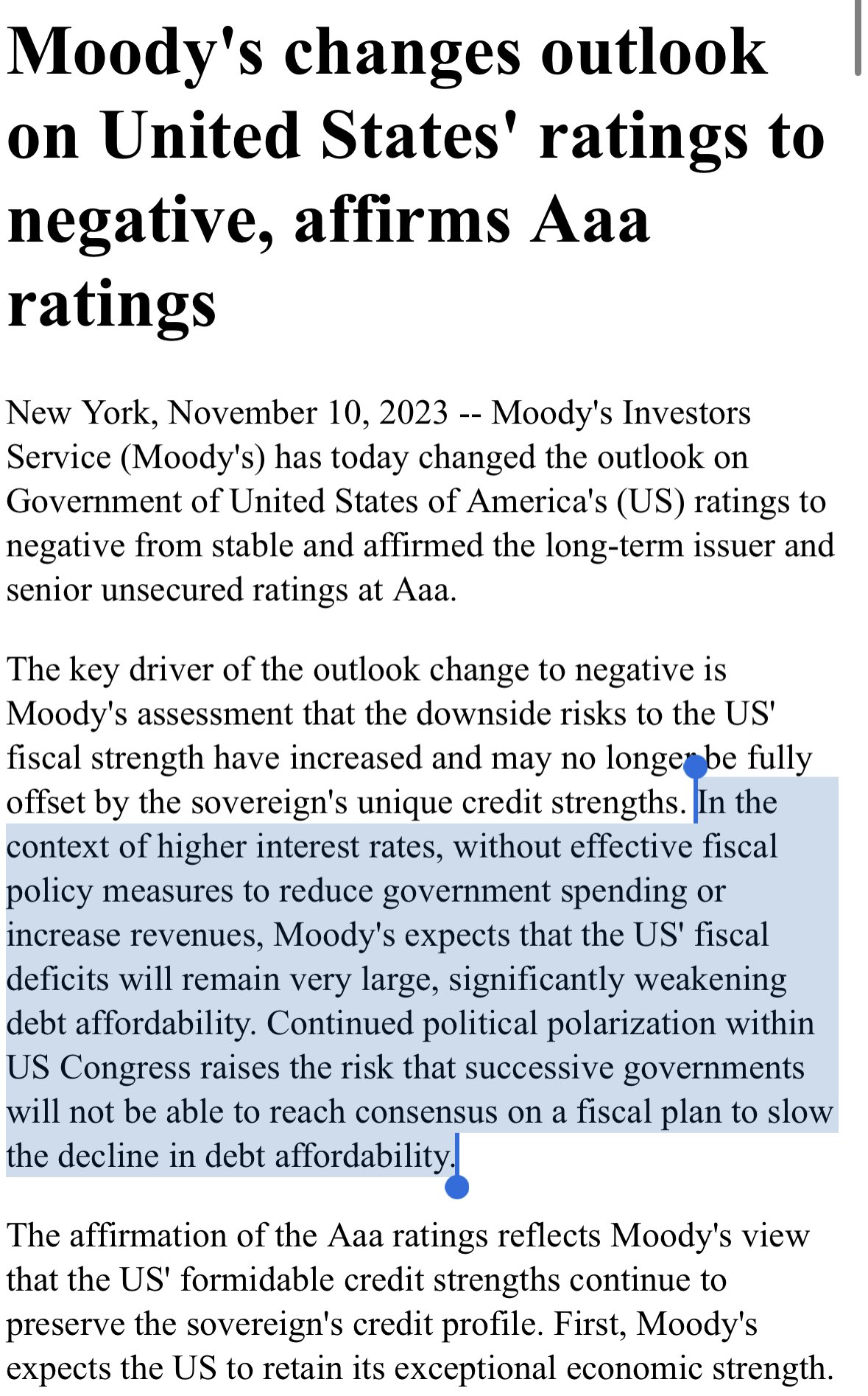 Kriti Gupta on X: "*UNITED STATES OUTLOOK TO NEGATIVE FROM STABLE BY MOODY'S  https://t.co/7oGog02FBr" / X