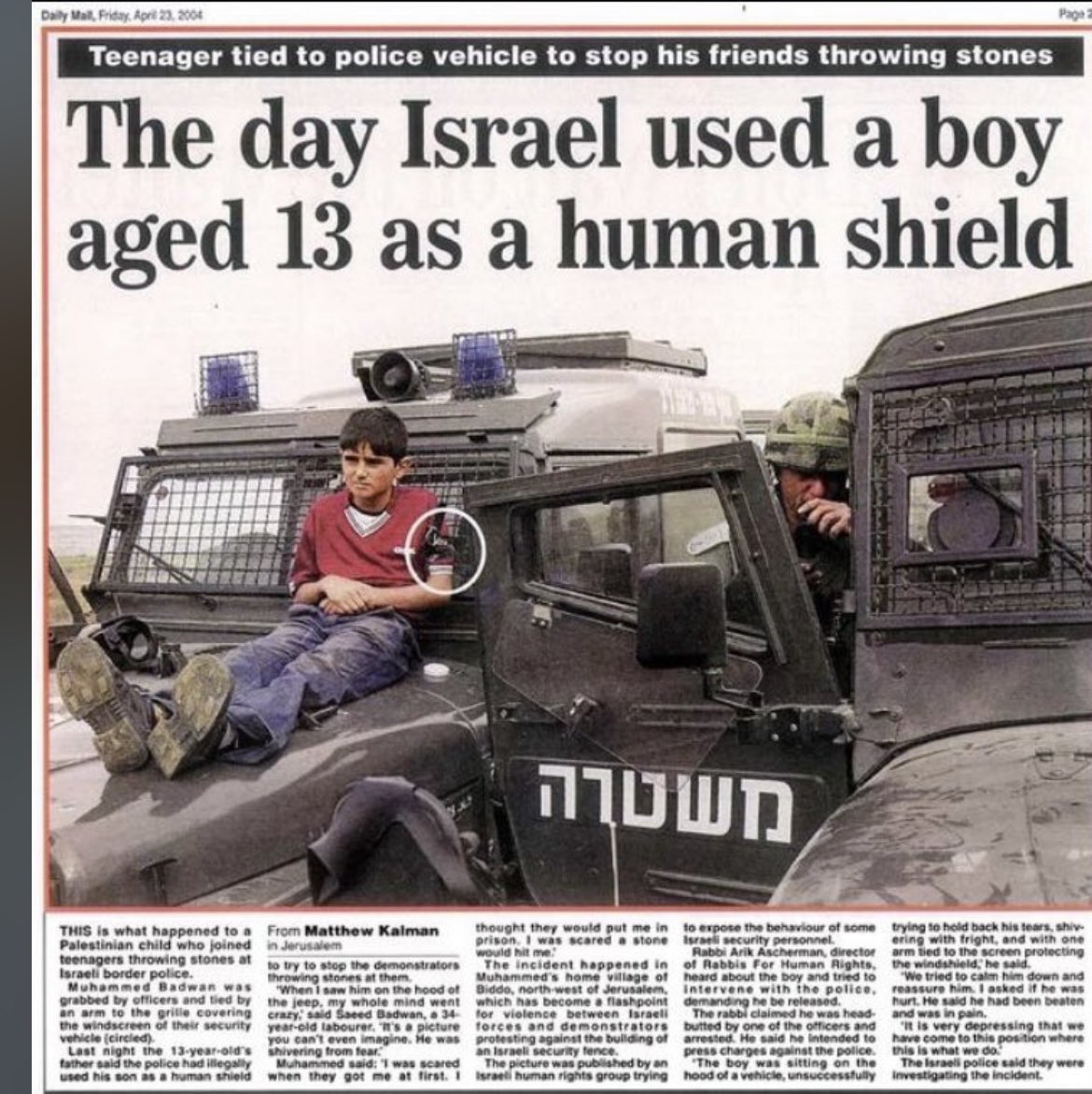 Truthtellerftm's tweet photo. ‼️EVIDENCE OF ZIONIST WAR CRIMES AND VIOLATIONS OF HUMAN RIGHTS!

‼️Israeli occupation forces used freed prisoner Alaa Abu Hashhash, blindfolded, as a human shield during confrontations with #Palestinian freedom fighters in Al-Fawwar camp in Hebron.

🩸Israel is notorious for using Palestinian human shields but they have yet to admit to it despite various UN reports, videos and images proving their guilt. 

❌Two tier international Justice system! 

#FreePalestine #DefundIsrael #BDSMovement 
#BoycottDailyWire #NoOilForIsrael #BanAIPAC
@UN @UNHumanRights 
@netanyahu @IntlCrimCourt @CIJ_ICJ
