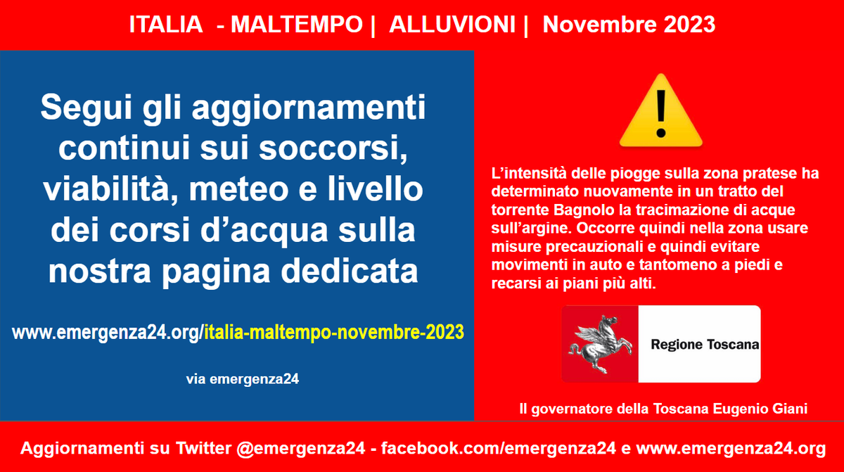 URGENTE [10.11-22:30] #Prato in corso 
#ESONDAZIONE torrente #Bagnolo a  Sant’Ippolito
#ESONDAZIONE torrente #Bardena a #Figline

NESSUN SPOSTAMENTO
SALIRE NEI PIANI ALTI 
CHIAMARE NUMERI DI SOCCORSO SOLO SE INDISPENSABILE

Continuiamo a seguire la situazione ribadendo di non