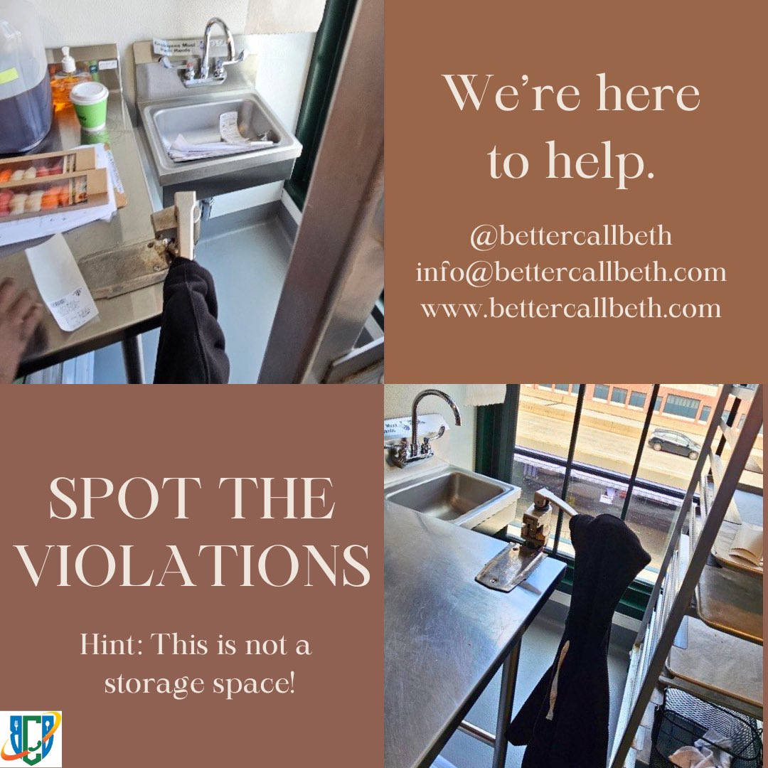 BetterCallBeth_'s tweet photo. This hand washing sink is being obstructed, being used for storage, and a staff member has hung their sweater and left personal food and drink in a food prep area.

The rules can be overwhelming, but they are in place for everyone's protection.

#foodsafety #bettercallbeth #bcb https://t.co/IgGisNTEiW