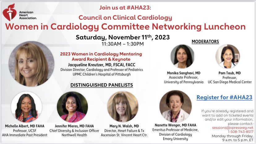 Don’t miss the #AHAWIC Network Lunch!! At #AHA23 tomorrow! Honoring Mentoring Awardee Dr Kreutzer @MonSangh @RBP0612 @PamTaubMD @NitiCardio @DrJMieres @modeldoc @KTamirisaMD @OdaymeMD @noshreza @ErinMichos @avolgman @Bravo__MD @ecgmd10 @sshah008 @MinnowWalsh @NanetteWenger