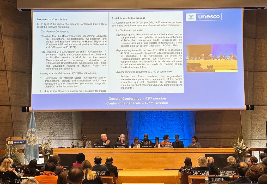 Very happy to announce that today at #unescoGC, all 194 @UNESCO Member States agreed to adopt the revised Recommendation on #education for #peace that will guide us in nurturing our shared humanity through quality & relevant learning in the future. bit.ly/40r6hIZ