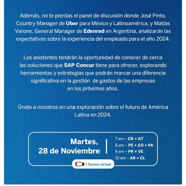 APEFPERU's tweet photo. Estimados asociados,
Los invitamos a partipar en la sesión Despierta con SAP Concur "Rumbo a 2024: Retos y Oportunidades para Latinoamérica"

28 de noviembre de 2023
Hora: 7 am Caribe / 8 am CO-PE / 9 am PR / 10 am AR-CH (Evento virtual)

Regístrate aquí: https://t.co/5hJOxGa3cW https://t.co/d4pyySgd0e
