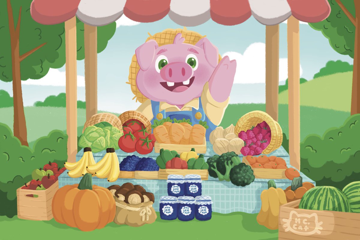 Farmer pig is selling some of his high quality produce + his famous freshly made blueberry jam! 🐷🫐

♡♡♡♡♡
#farmer #pig #farmermarket #farmlife #fruits #vegetables #illustration #postcard