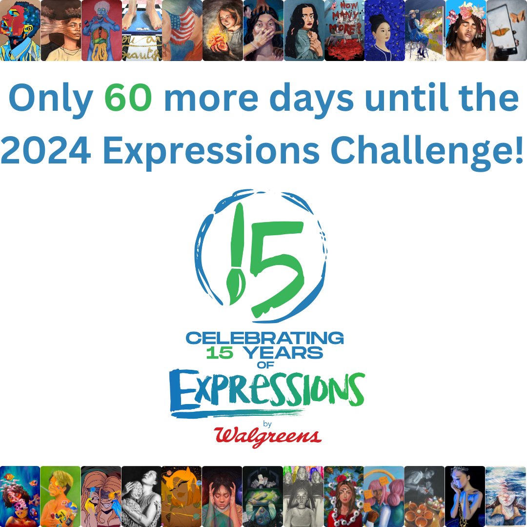 There are only 60 days until the 2024 Expressions Challenge kicks off! This year, Expressions is celebrating 15 years! Stay tuned for more details...

<a href="/Walgreens/">Walgreens</a> #ExpressWhatMatters #Walgreens #Education #Educators #HighSchool #CreativeWriting #SpokenWord #VisualArts #MediaArts