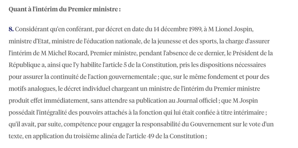 On notera que ce n'est pas la première fois qu'un ministre remplace le PM pour activer le 49.3, et que le Conseil constitutionnel n'y trouve rien à redire (Décision n° 89-268 DC, 29 déc. 1989; v. aussi les décisions n° 89-264 DC et n° 89-269 DC).
