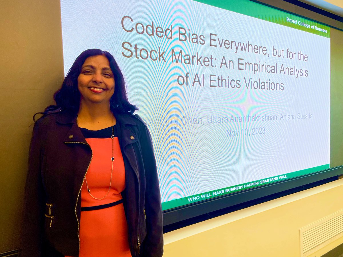 Thank you Anjana Susarla (<a href="/asusarla/">Anjana Susarla</a>) for a great talk “Coded Bias Everywhere, but for the Stock Market: An Empirical Analysis of AI Ethics Violations” in our MIS Distinguished Speaker Series!