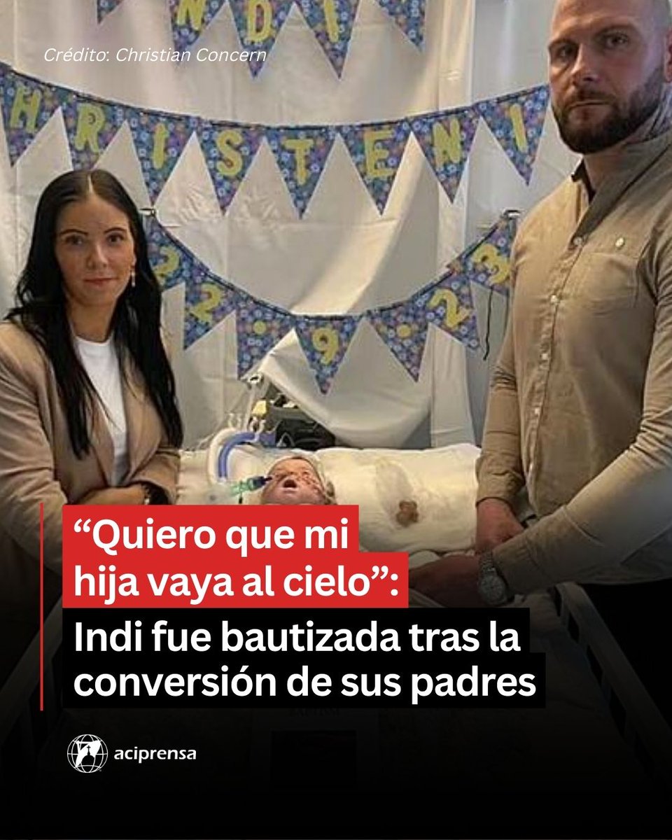 aciprensa's tweet photo. A pesar de no ser creyentes, los padres de Indi Gregory decidieron bautizar a su hija después de sentir que “el diablo existe” durante los juicios en el Tribunal que pretende desconectar a la niña del soporte vital. “Si el diablo existe, entonces Dios también debe existir”, afirmó su padre, Dean Gregory.

El futuro de la pequeña Indi, una niña de 8 meses que sufre una enfermedad terminal y cuyos médicos pretenden desconectarla del soporte vital amparados por la justicia y a pesar de la firme oposición de sus padres, es todavía incierto.

Claire Staniforth y Dean Gregory, sus padres, no pierden la esperanza de mantener a su hija con vida. Este viernes 10 de noviembre, el Tribunal Superior de Londres determinará si la pequeña puede ser trasladada al hospital Bambino Gesú de Roma para ser tratada, después de haber recibido por vía de urgencia la nacionalidad italiana el pasado 6 de noviembre.

En declaraciones al diario italiano La Nuova Bussola Quotidiana, Dean Gregory explicó la razón por la que quiso que su hija recibiera este sacramento.

“No soy religioso y no estoy bautizado”, relató el padre de la niña, que junto a su mujer sigue haciendo todo lo posible por mantener con vida a Indi.

Sin embargo, “cuando estaba en el tribunal sentí como si me arrastraban al infierno”.

“Pensé que si el infierno existe, entonces el cielo también debe existir”, afirmó a continuación.

Para el progenitor de la niña, “era como si el diablo estuviera allí. Pensé que si el diablo existe, entonces Dios también debe existir”.

Contó asimismo que un voluntario cristiano, que visitaba todos los días la unidad de cuidados intensivos, le decía que “el bautismo te protege y te abre las puertas del cielo”.

Más información:
👉 https://t.co/neuck6mpDL
