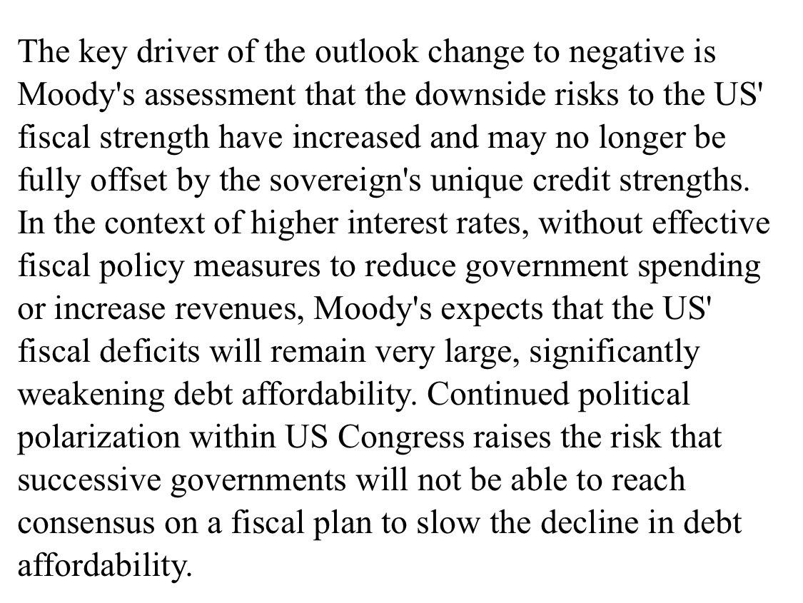 Moodys on why it just changed the outlook on the Aaa credit rating of the US from stable to negative.