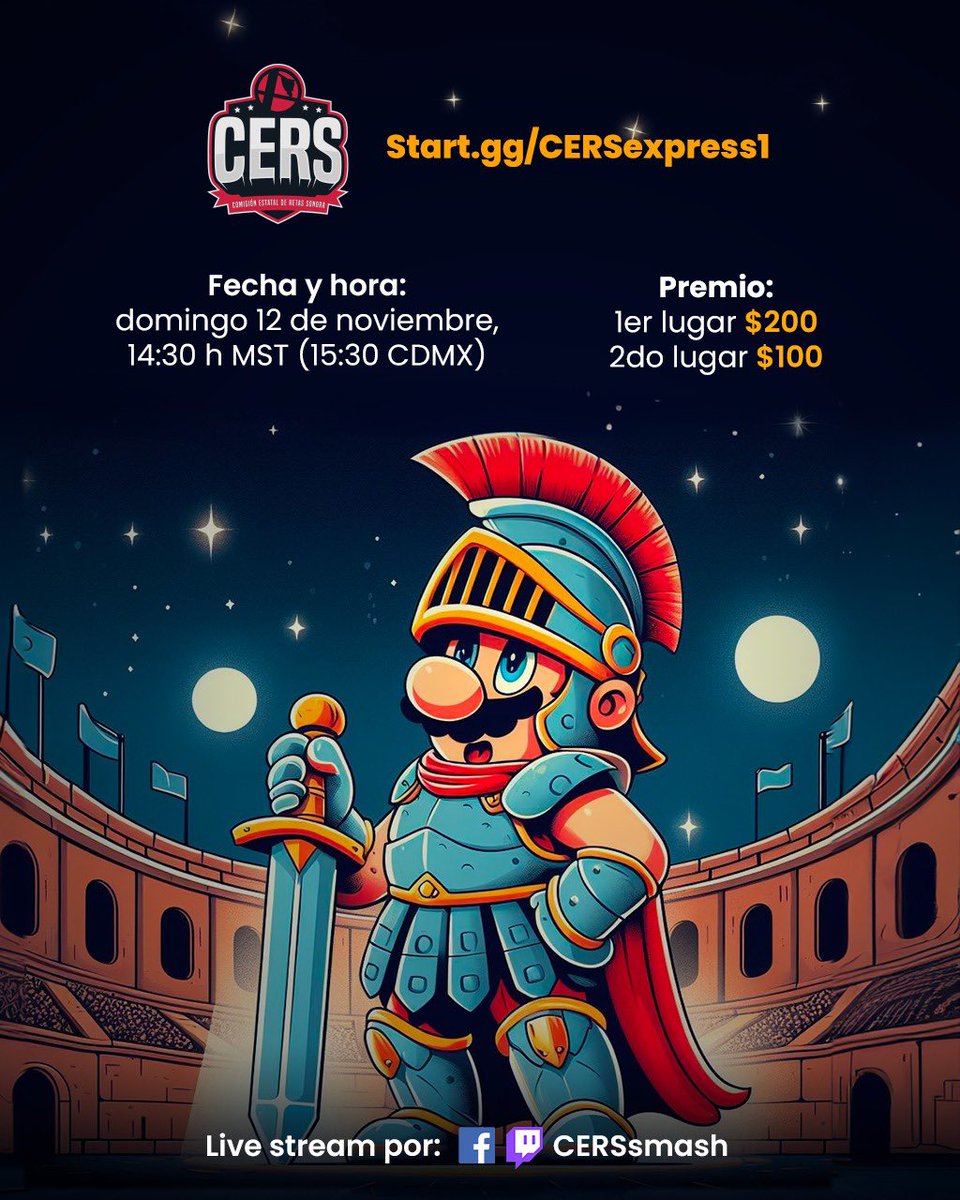 ¡No se olviden de los torneos CERS!

Registro --> start.gg/CERSexpress1. [horario de inicio 2:30 pm Hermosillo (UTC-7:00)]. (CDMX: 3:30 pm)

Detalles en Start.gg. Cualquier duda, ¡envíennos mensaje!