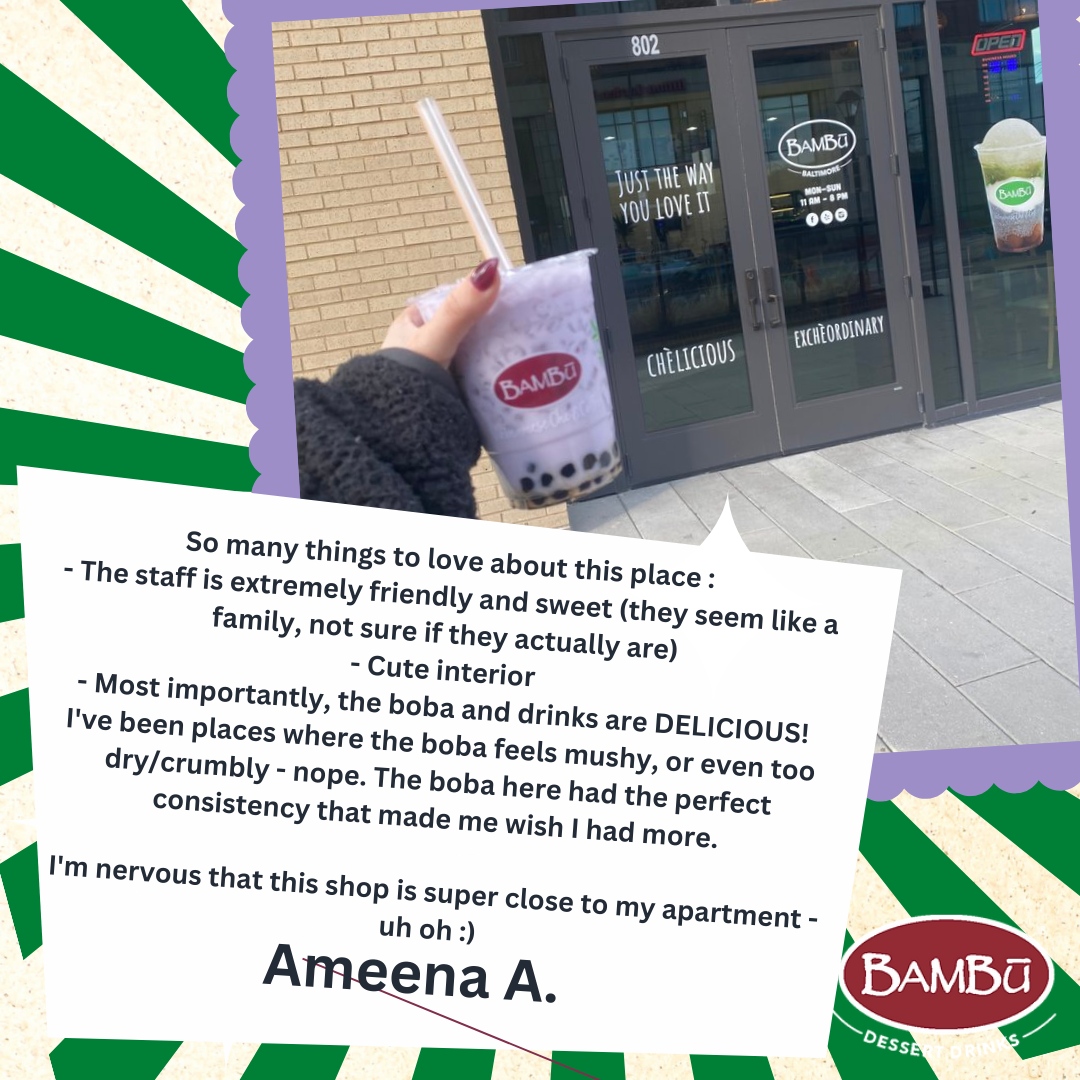 Feeling the love, Ameena A.! 

Your kind words warm our hearts and motivate us to keep serving up the best boba in town! 🥤🏡❤️ 

#BobaLove #SweetStaff #CuteCafe #DeliciousDrinks #BobaBliss #PerfectConsistency #CustomerAppreciation #LocalFavorite #UhOh #HomeSweetHome