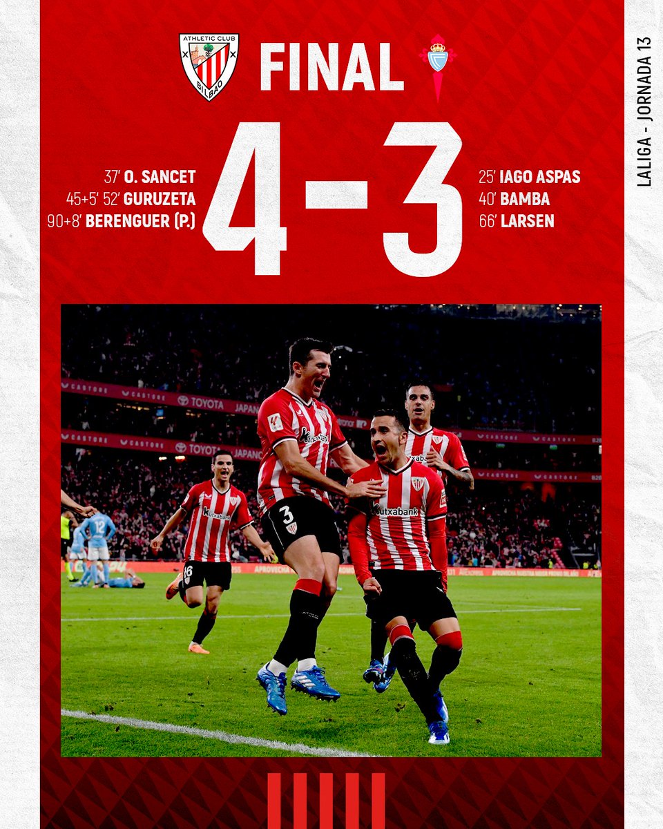 AthleticClub's tweet image. 😱 ¡¡¡𝗙𝗜𝗡𝗔𝗔𝗔𝗔𝗔𝗔𝗔𝗔𝗔𝗔𝗟!!!

En el último minuto, desde el punto de penalti, el Athletic se lleva los tres puntos en un partido frenético.

👊 Aurrera, mutilak!

#AthleticCelta #AthleticClub 🦁