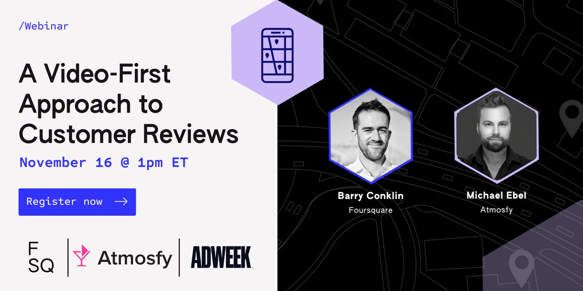 Foursquare's tweet photo. We're excited to join forces with @Atmosfy and @Adweek to dive into the world of enhanced customer experiences through location data. Join Atmosfy CEO Michael Ebel and Foursquare's  Barry Conklin on 11/16 at 1pm ET

Register now! 👇 
https://t.co/OoXXmB3tdu
#locationdata https://t.co/J8nzyu5z1V