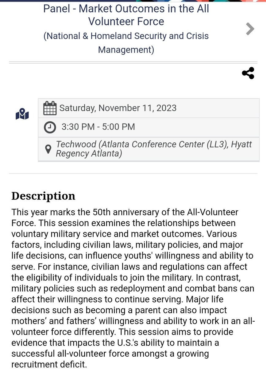 mikekofoed's tweet image. Hey #APPAM2023 friends,

Did you know that it is the 50th anniversary of the United States Military ending the draft and entering the labor market?

Happy to be on this Veterans&apos; Day panel that includes civilian and active duty researchers on what challenges lie ahead.