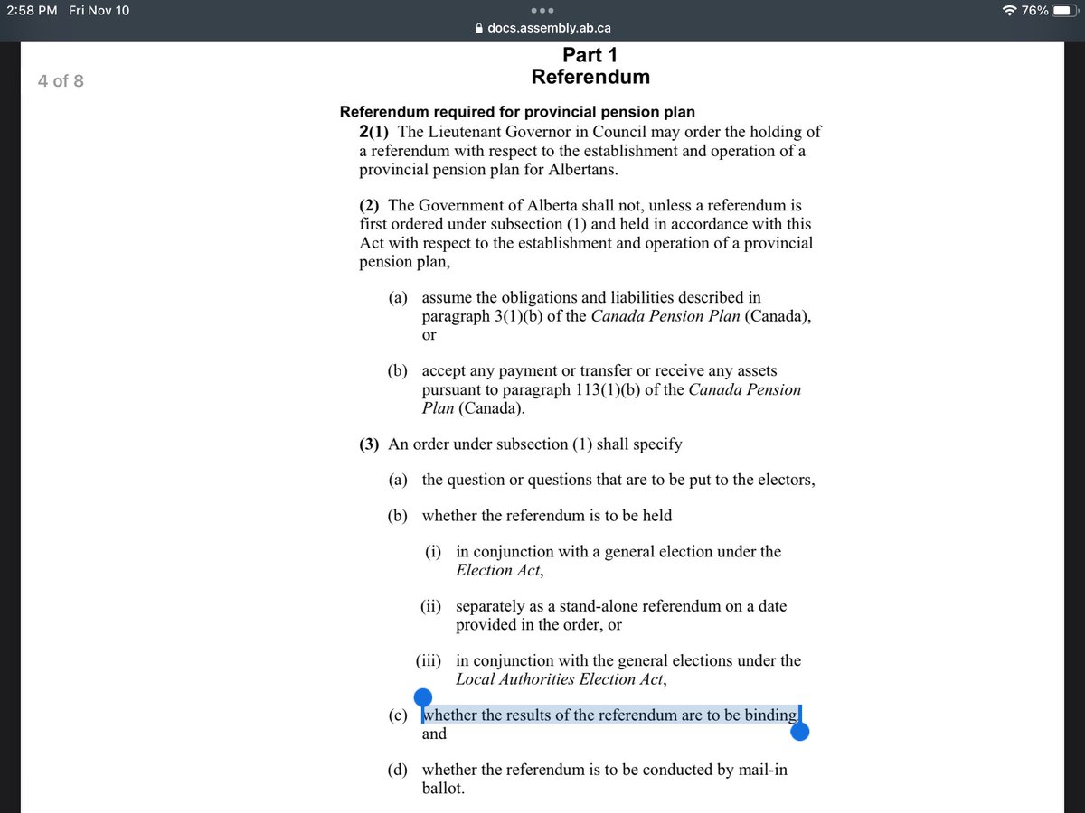 BYO_Bob's tweet photo. @NateHornerAB @DuaneBratt Dude, quit lying. Right in the Act (in the attached photo) it says the results of the referendum are not necessarily binding meaning Albertans could vote against it and you could still go ahead and steal our pensions. #HandsOffMyCPP #DanielleSmithIsLyingToYou #CPP #ableg #abpoli https://t.co/8XPM0Sm5RL