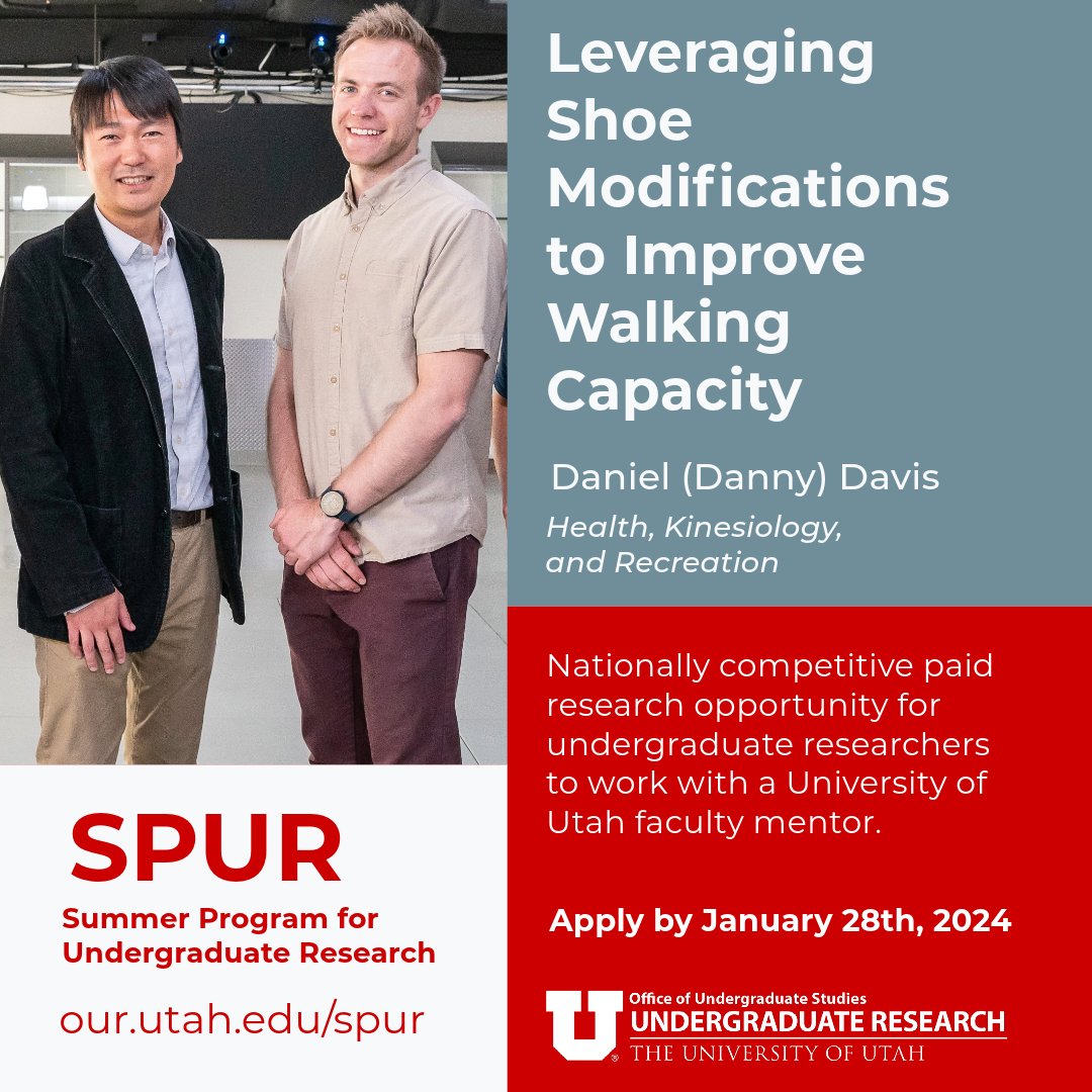 Undergrad Research (@uofuour) on Twitter photo Attention students! Apply to be an OUR 2024 SPUR Scholar for an intensive 10 wk, full-time summer research experience w/ a U of U faculty, including this project w/ <a href="/DDavis_Biomech/">Danny Davis, PhD</a> & @cofhealth @uofu_hk: our.utah.edu/spur/leveragin…
Apply for #SPUR2024 here: utah.infoready4.com/#undergraduate Attention students! Apply to be an OUR 2024 SPUR Scholar for an intensive 10 wk, full-time summer research experience w/ a U of U faculty, including this project w/ <a href="/DDavis_Biomech/">Danny Davis, PhD</a> & @cofhealth @uofu_hk: our.utah.edu/spur/leveragin…
Apply for #SPUR2024 here: utah.infoready4.com/#undergraduate