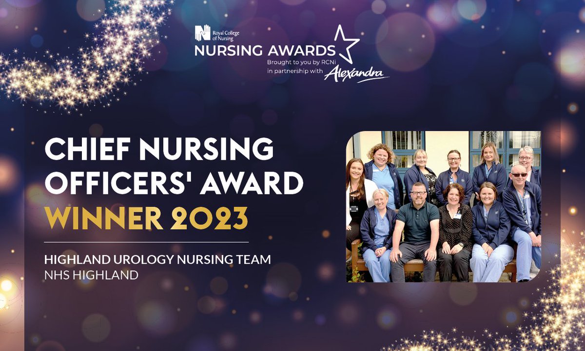 The @NHSHighland Urology Nursing Team are recipients of the Chief Nursing Officers' Award at the RCN Nursing Awards. The team accelerated the development of its nurses, implementing a range of nurse-led pathways to reduce waiting times. rcni.com/nurse-awards #RCNawards