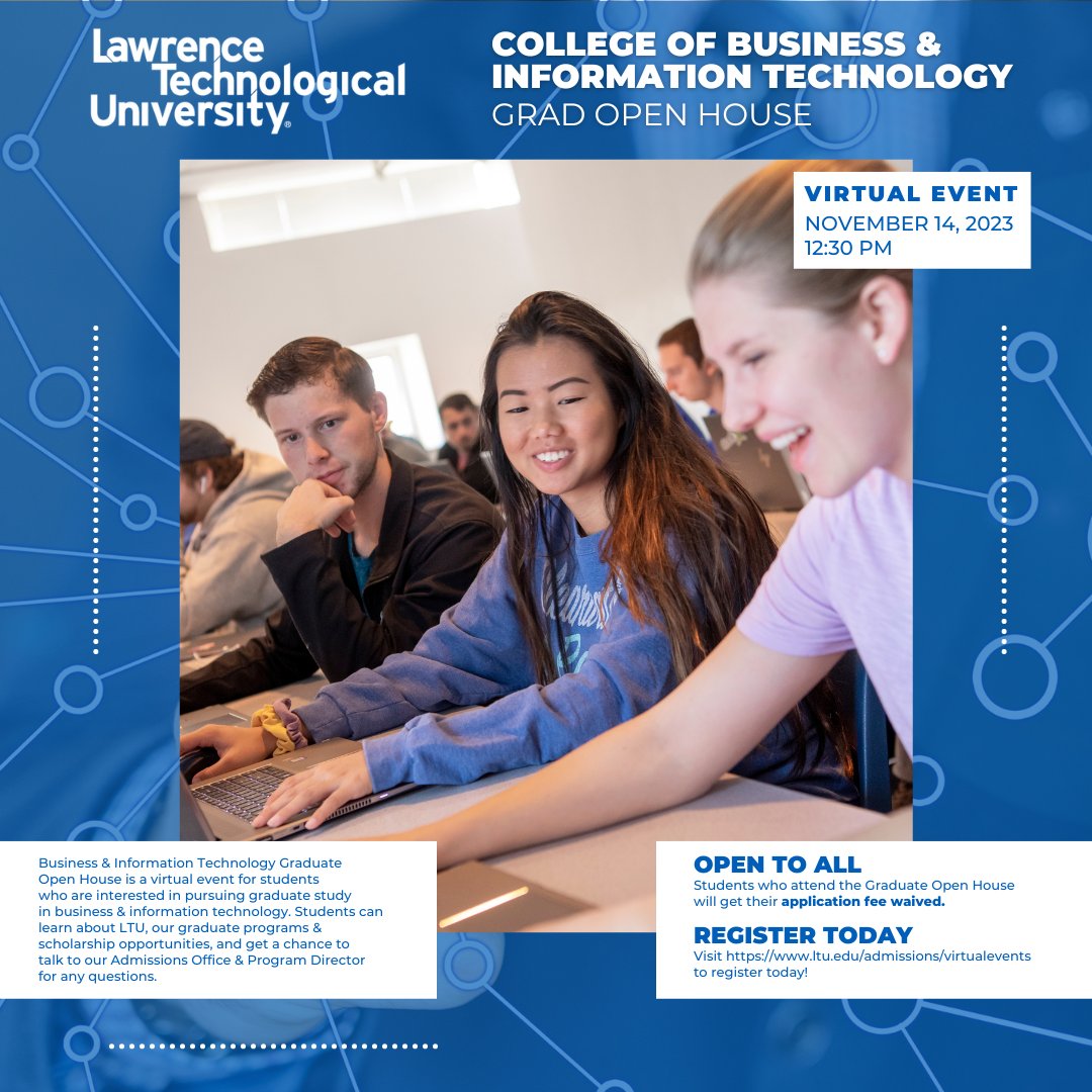 Join the LTU College of Business and IT for a virtual Grad Open House at 12:30 p.m. on Nov. 14! 💙🤍 Register today ➡️ bit.ly/40Apbgy ✨ Be curious. Make magic. ✨ #WeAreLTU