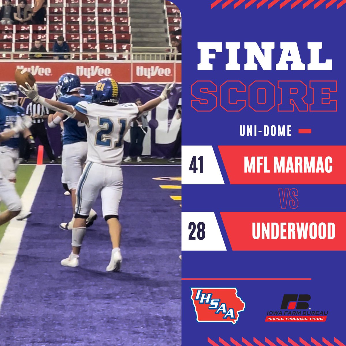 Final in 1A semis: MFL MarMac 41, Underwood 28. Bulldogs rush for 408 yards in their first #iahsfb trip to the UNI-Dome! Quinn McGeough runs in 5 TDs to help MFL MarMac meet Grundy Center next Thursday for the title. 
🏈iahsaa.org/football/state…