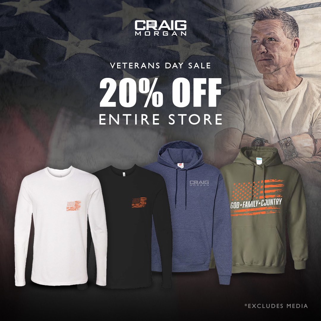 Get 20% my entire merch store for the Veterans Day Sale! 🇺🇸 craigmorgan.shop.redstarmerch.com/store