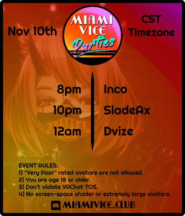 MVP's weekly Friday night party is starting in just a few hours at 8PM CST! 💃

Three incredible DJ's are set to spin tonight 🎶, so you won't want to miss their awesome tracks! 🔥 #VRChat 

DJ Lineup:
<a href="/incoTHEdrinco/">incoTHEdrinco</a> 
<a href="/SladeAx/">SladeAx</a> 
<a href="/dvize_/">Dan</a>