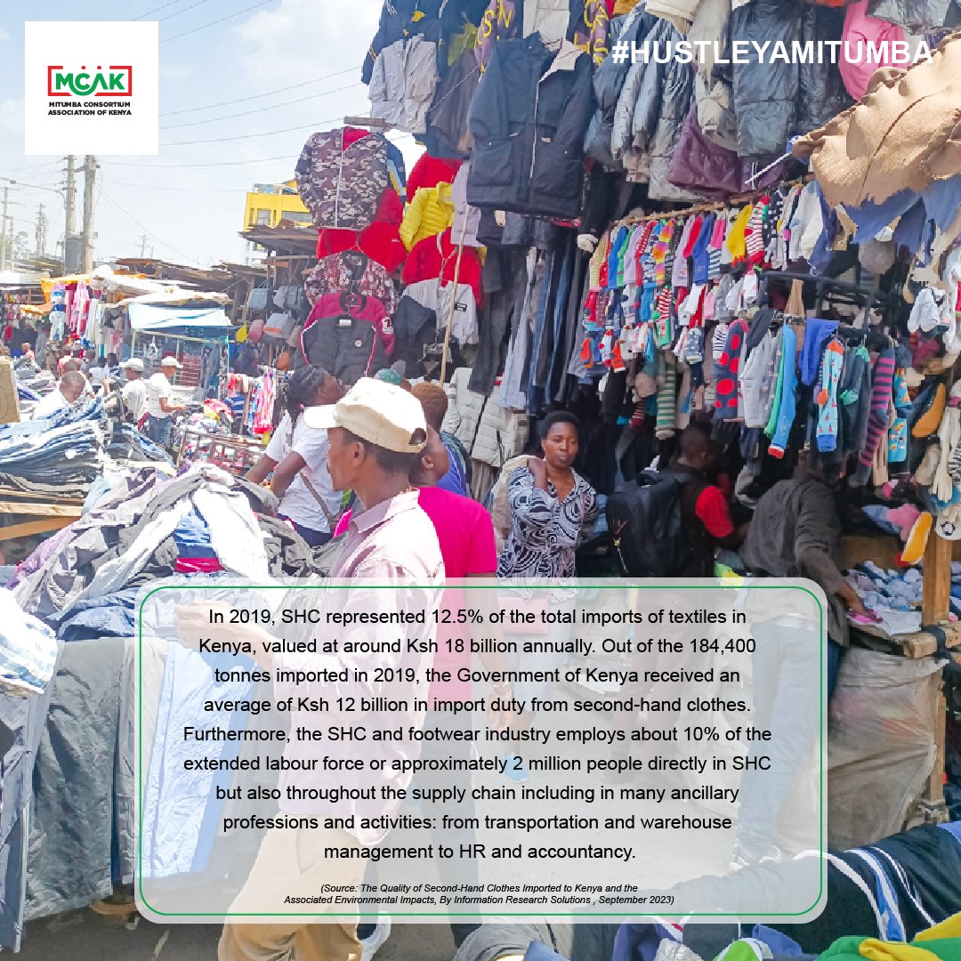 The mitumba trade's value chain contributes significantly to the nation’s employment and government revenues. The industry also employs about 10% of the extended labor force or approximately 2 million people directly in SHC but also throughout the supply chain. #HustleYaMitumba