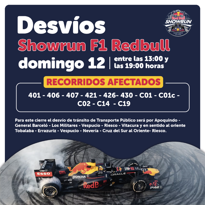 Transantiago's tweet photo. 🔴Atención: Conoce los #desvíos de este fin de semana:
📌Hoy se mantiene cierre en perímetro #TeatroTeletón. Además, hay corrida en #ParqueOhiggins y Marcha Igualdad en #Alameda.
📌Domingo: Evento Formula 1 en Las Condes.

➡️Desliza y dale clic a cada imagen para más información.