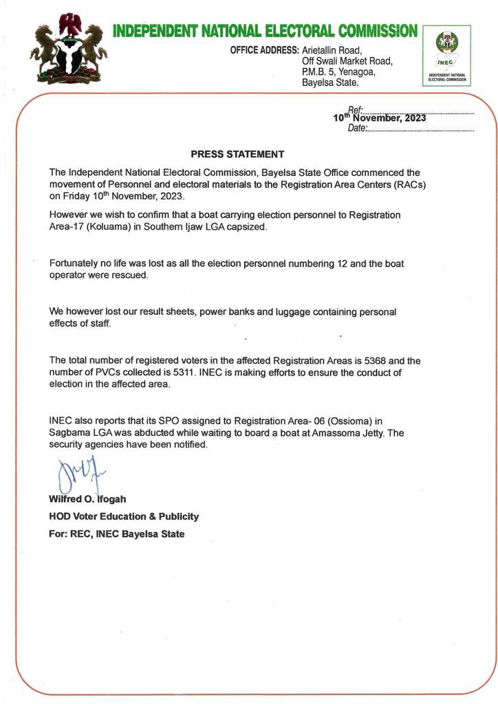 PRESS RELEASE
Boat with 12 Election Personnel Capsizes in Southern Ijaw, SPO Abducted in Sagbama