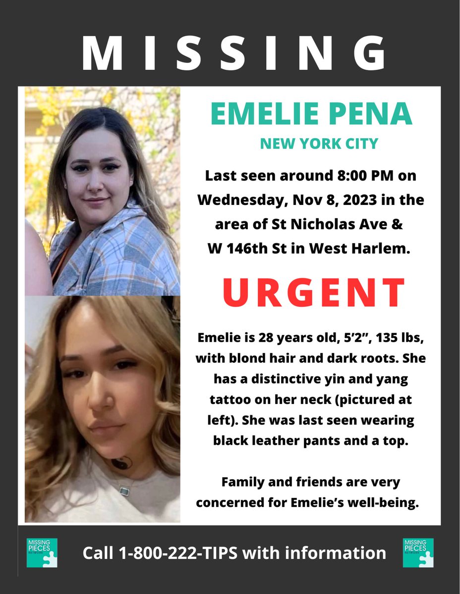 URGENT! Emilie Pena, 28, was last seen around 8:00 PM Nov 8, 2023 in the area of St Nicholas Ave & W 146th St in West Harlem. Please share this flyer and help her family and friends find her! @crimeonlinenews @Catch_LISK @LeighEgan #MissingPerson #HelpFindEmelie