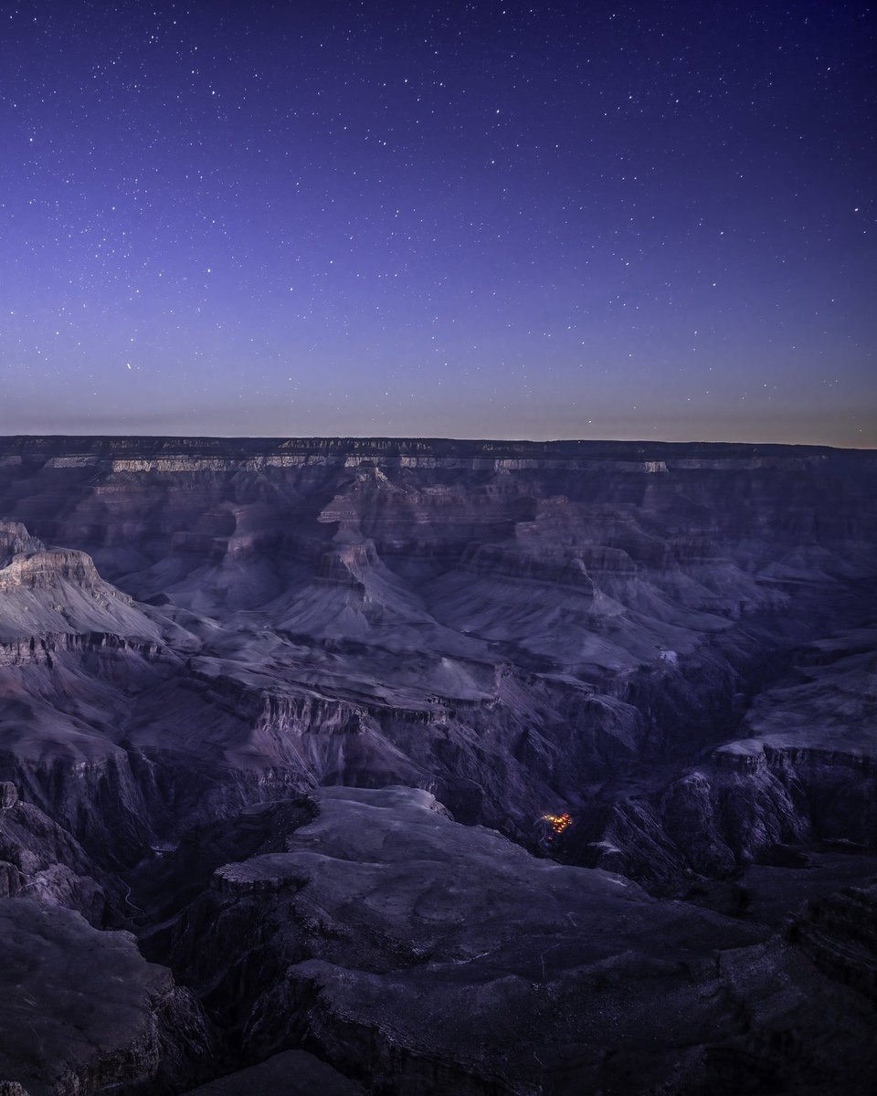 A panorama of Grand Canyon at twilight.
