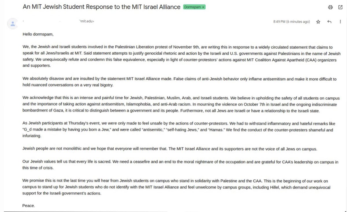 Sharing a response from MIT students with permission: “We, the Jewish and Israeli students involved in the Palestinian Liberation protest of November 9th, are writing this in response to a widely circulated statement that claims to speak for all Jews/Israelis at MIT. Said…