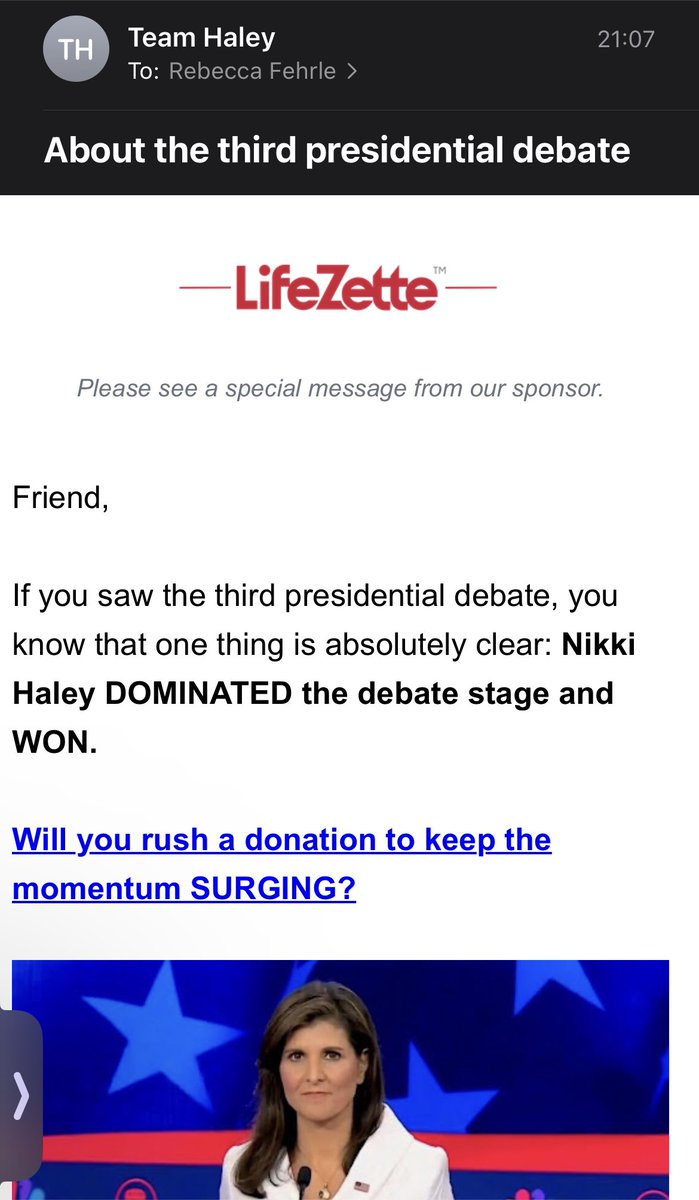 BeccaFehrle's tweet image. Okay, @NikkiHaley 😂

The MSM is really trying to push this dummy #WarWhore on us too.

I’ll look forward to your “I was Cheated!” national tour. You &amp;amp; Hilary can carpool.

#Unsubscribed #SpamEmail