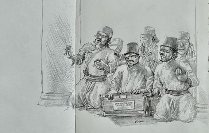 A quick #pleinair sketch during a wonderful #sufiqawwali performance at the #tajfalaknumapalace . The music was simply divine! #illustration #illustrations #GrahamNorton #illustrationartists #illustrationart #illustrationoftheday #illustrationartist #illustration_best…