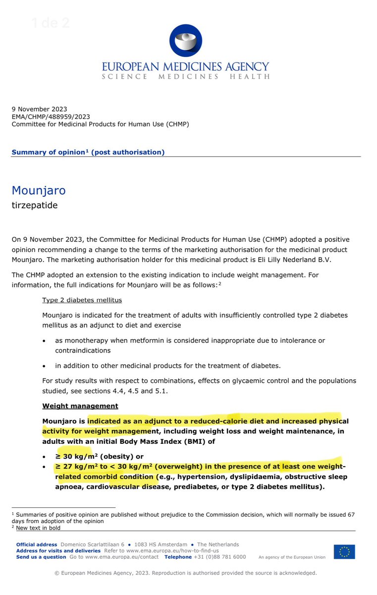 ema.europa.eu/en/documents/s… Tirzepatide aprobado en Europa 🇪🇺 asociado a plan nutricional y ejercicio en Obesidad ( IMC&gt;30)  y Sobreso (IMC&gt;27)  con  comorbilidades  <a href="/SociedadSeedo/">Seedo</a> <a href="/sociedadSEEN/">Sociedad SEEN</a> <a href="/EASOobesity/">EASO</a>