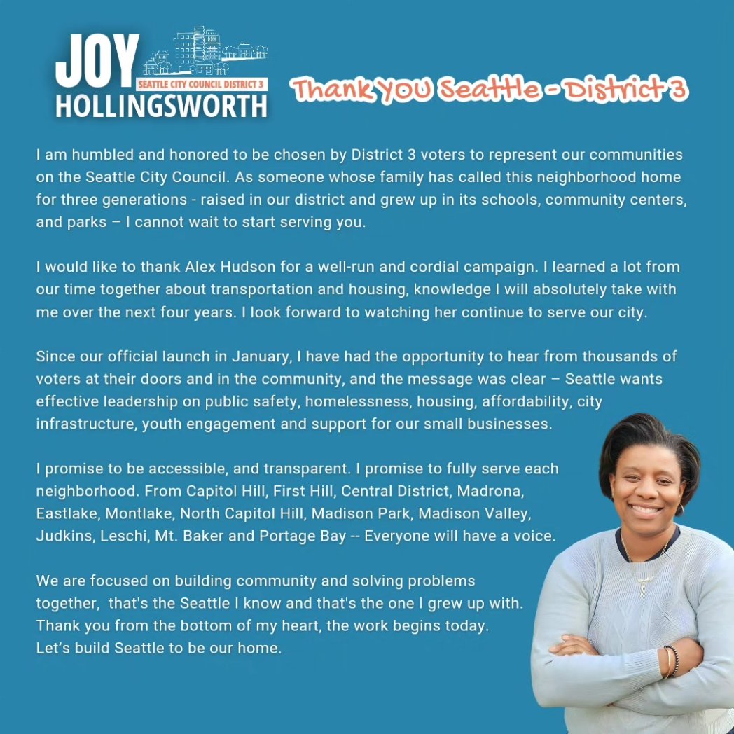 JoyForSeattle's tweet image. Thank you Seattle. Im humbled and honored to be chosen to serve you as our Seattle City Council District 3 Representative.  

Our work begins today. Looking forward to building our home together.  
❤️❤️

#connectingcommunities 
#blockbyblock