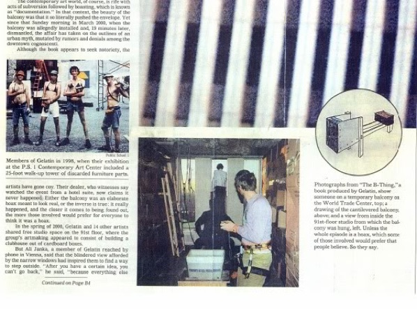 NetworksManager's tweet photo. LMCC and WTC management would know that before approving such a program. For artists to be able to take out windows on the 91st floor and install a makeshift “balcony” (see the NYTimes, August 2001) protruding out of the building should give you some real insight into just..
(6) https://t.co/ET78jPYECP