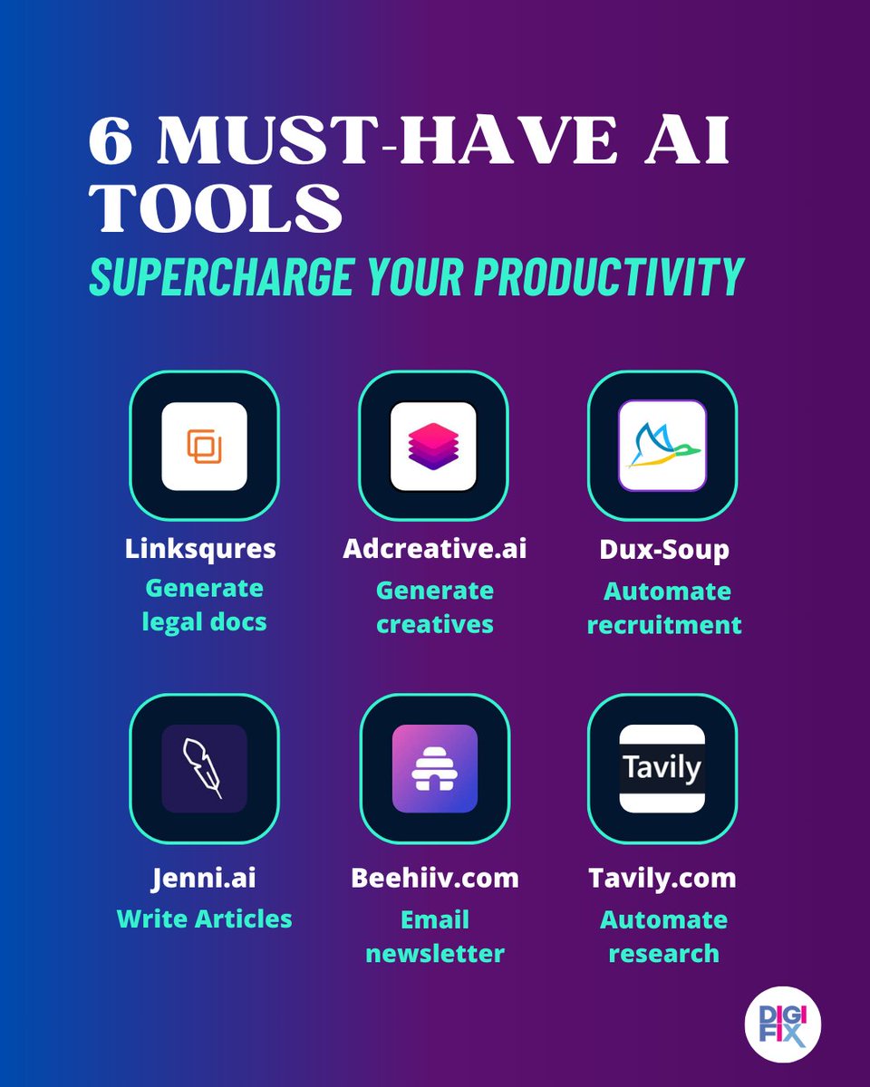 digifixaus's tweet image. Ready to take your productivity to the next level?
#AIProductivityTools #EfficiencyEnhanced #WorkSmarterNotHarder #TechSavvyTools #ProductivityHacks #AutomationNation #AIRevolution #FutureOfWork #EffortlessProductivity #InnovativeTools