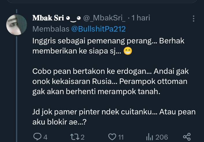 MiniMiniatur's tweet photo. Lagak lu kayak pengamat yg netral adu argumen dikit sama aku aja udah unfollow, gayamu kayak influencer top aj, folowers 36K #programFolbek aja blagu, narasimu tuh keliatan kayak orang lulusan SMP๐
Sila aja lu pro Israel tapi pake otak & hatimu mbak Sri yg pake kumis!๐คฃ https://t.co/36NzYOujrD