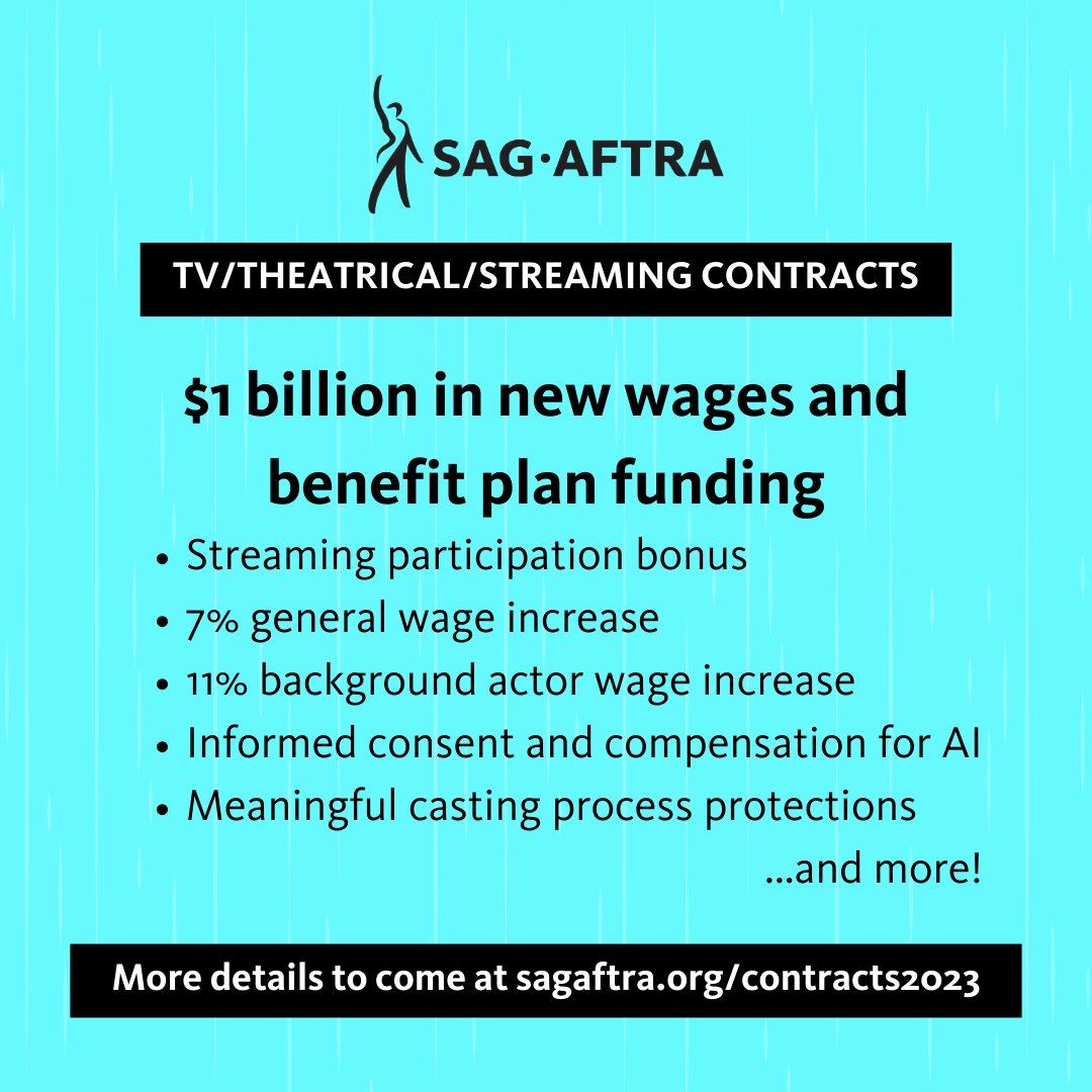 SAG-AFTRA has achieved a deal of extraordinary scope for our members! More information on the TV/Theatrical/Streaming Contracts tentative agreement coming soon at sagaftra.org/contracts2023