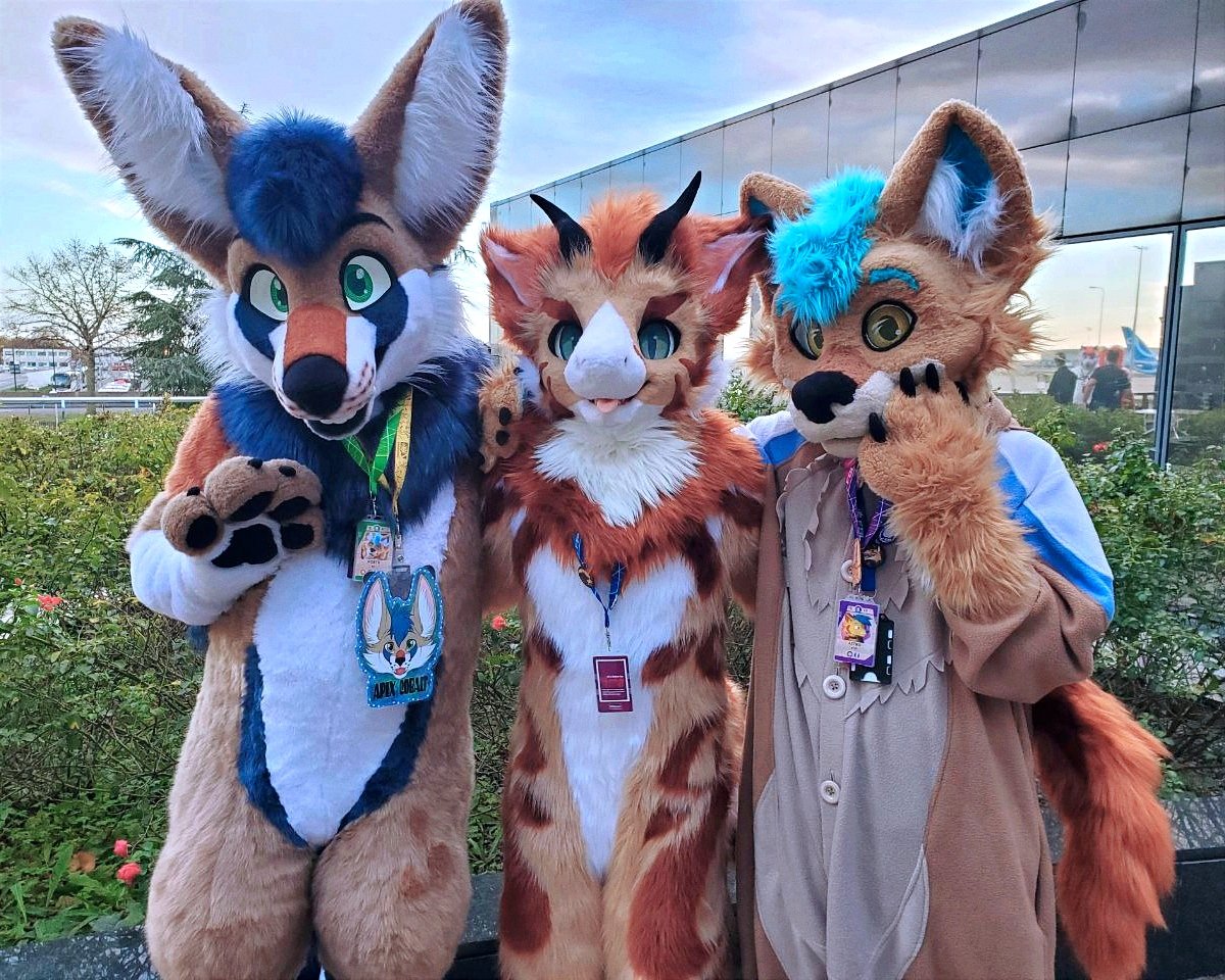 Surrounded by fluff 🧡
With @ApexCobalt's two boys!

📸 by @o_Balfruss_o

#FBL11 #FursuitFriday