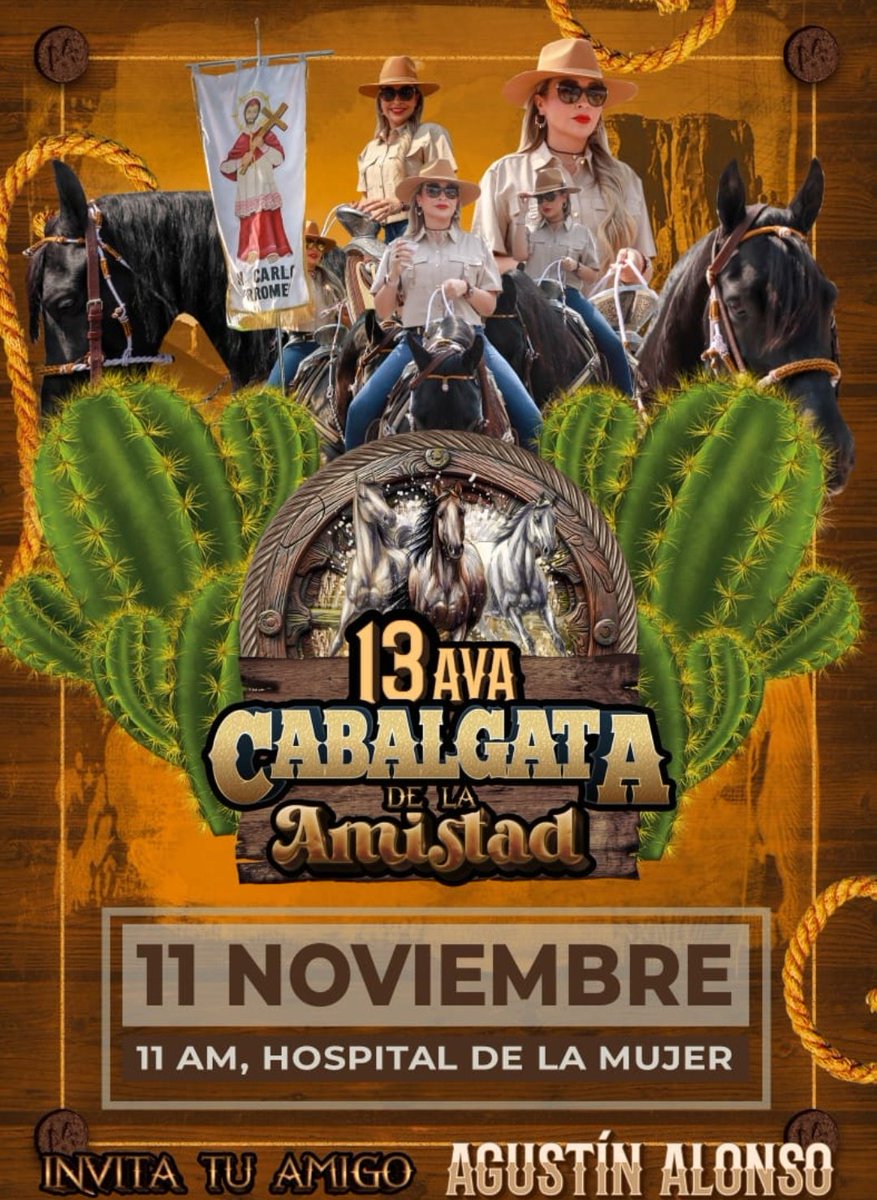 Mañana, 11am frente al Hospital de la Mujer, la 13ava Cabalgata de la Amistad para finalizar con una bonita convivencia en el Poblado de San Carlos y por la noche el bailazo de lujo con Espinoza Paz.

¡No se la puede perder!