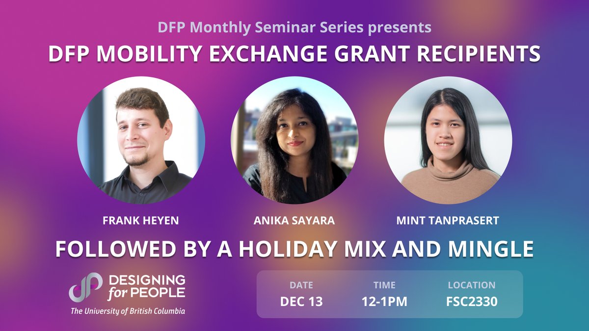 dfp_ubc's tweet image. 🔊Join us for our December 13 seminar when our DFP Mobility Exchange Grant recipients share their experiences of studying abroad with us. Stick around for the Holiday Mix &amp;amp; Mingle afterwards! 🎄✨

RSVP here: ubc.ca1.qualtrics.com/jfe/form/SV_e2…

#DFP #UBC #DFPSeminar