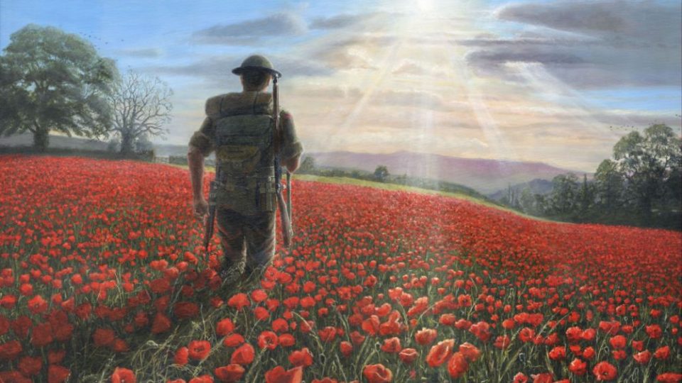 In Flanders Fields

In Flanders Fields, the poppies blow
Between the crosses, row on row,
That mark our place; and in the sky
The larks, still bravely singing, fly
Scarce heard amid the guns below.

We are the dead. Short days ago
We lived, felt dawn, saw sunset glow,
Loved and