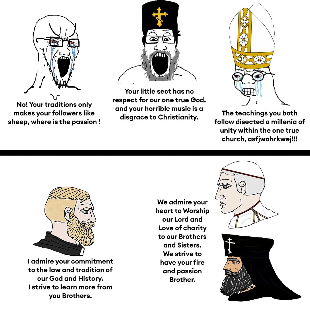 TheInte25788561's tweet photo. I am sick and tired of seeing pointless arguing between Christians. If I see and more pointless bickering, whether they be Catholic, Orthodox, or Protestant, I'm replying with these images. We have more important things to worry about. https://t.co/Ahmxu3TlKx