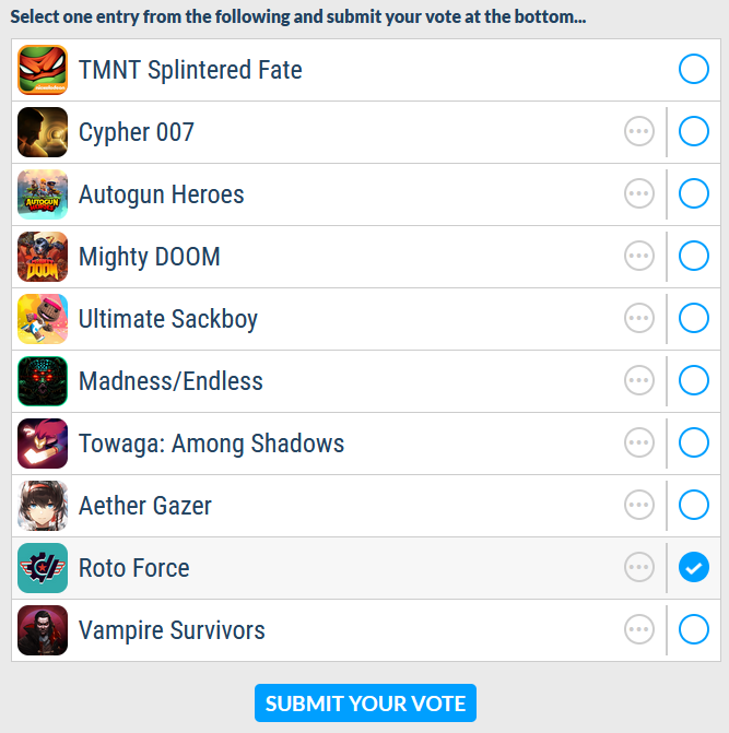 accidentlyAnton's tweet image. Roto Force is nominated for Best Action Game for Pocket Gamer Awards 2023.

Pls vote to help us beat such underdogs like Vampire Survivors🫠

pocketgamer.com/pgawards2023/v…