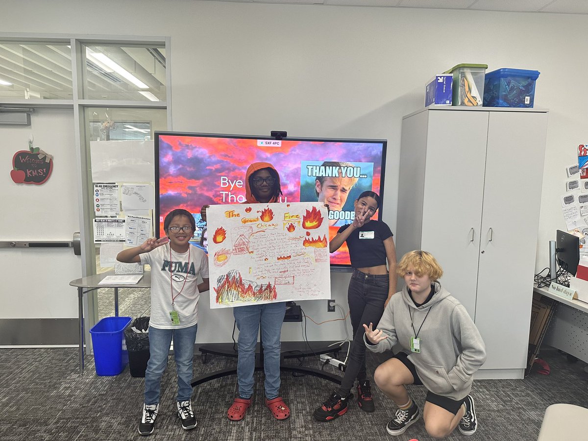Lindsay Medina (@mrsmedinakms) on Twitter photo Our 6th graders are great detectives! They cleared Mrs. O’Leary and her cow and found the true culprits in The Great Chicago fire. They demonstrated collaboration, research, argumentative and presentation skills!🔥🚒🧯👵🐮 <a href="/AndrewMeilleur/">Andrew Meilleur</a> <a href="/summers_KMS/">Catherine Summers</a> #KMSCougarPride Our 6th graders are great detectives! They cleared Mrs. O’Leary and her cow and found the true culprits in The Great Chicago fire. They demonstrated collaboration, research, argumentative and presentation skills!🔥🚒🧯👵🐮 <a href="/AndrewMeilleur/">Andrew Meilleur</a> <a href="/summers_KMS/">Catherine Summers</a> #KMSCougarPride